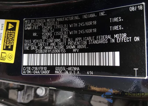 2018 Toyota Highlander Le z USA, uszkodzony, nr VIN 5TDBZRFH1JS906155